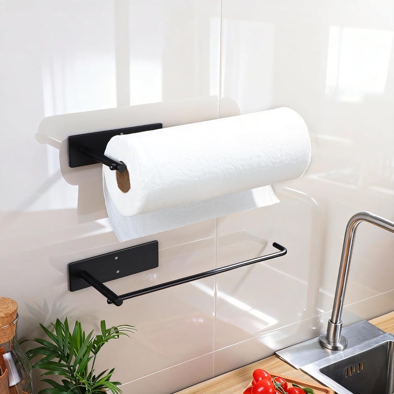 SUNTECH 2 Pack Paper Towel Holder Under Cabinet, Adhesive or Drilling Paper Towel Holder Wall Mounted, Stainless Steel Kitchen Towel Roll Holder for Bathroom, RV (Black) - Image 4